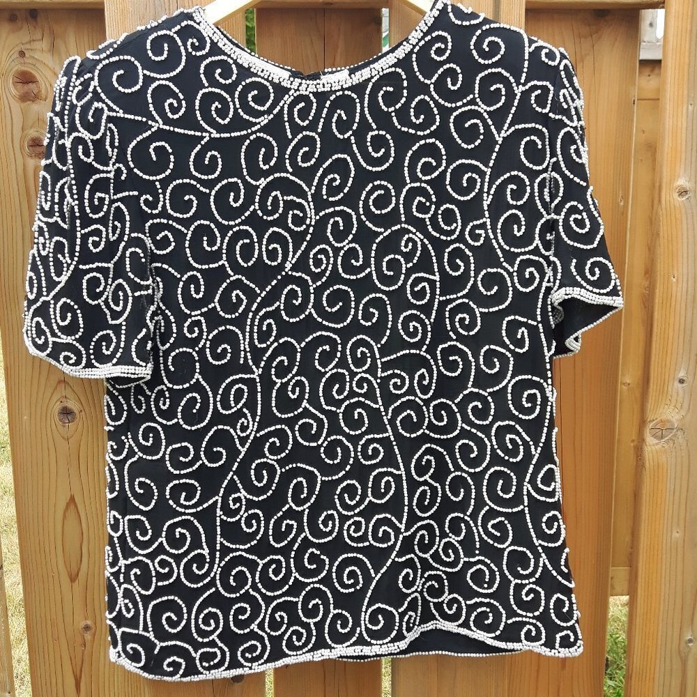 Vintage Beaded Silk Blouse Laurence Kazar Large
